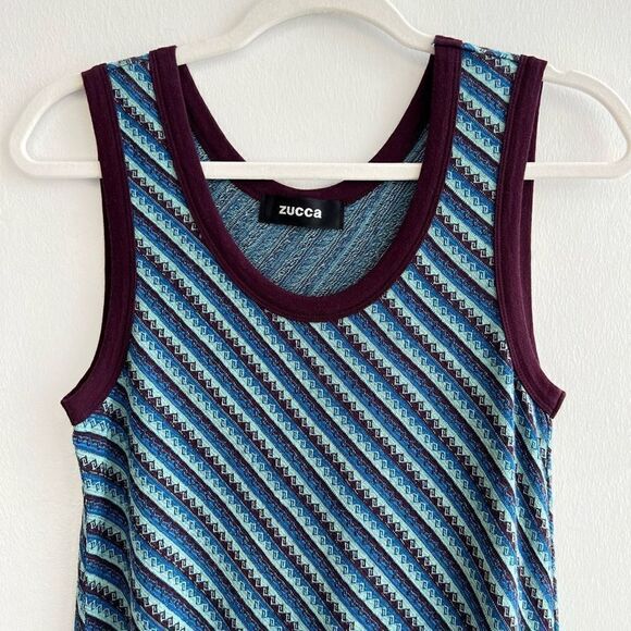 Zucca Women’s M Fuzz Knit Blue Purple Midi Dress Ruffled Hem Sleeveless Japan - Picture 2 of 11